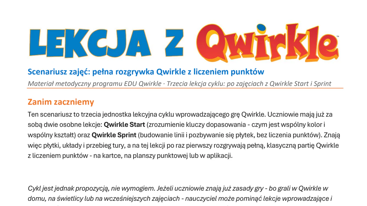 Scenariusz zajęć Lekcja z Qwirkle - pełna rozgrywka z liczeniem punktów